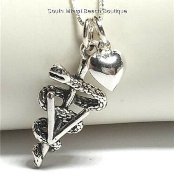Sterling Silver Veterinarian Caduceus Necklace Doctor Vet Tech Graduation Gift - Picture 6 of 12